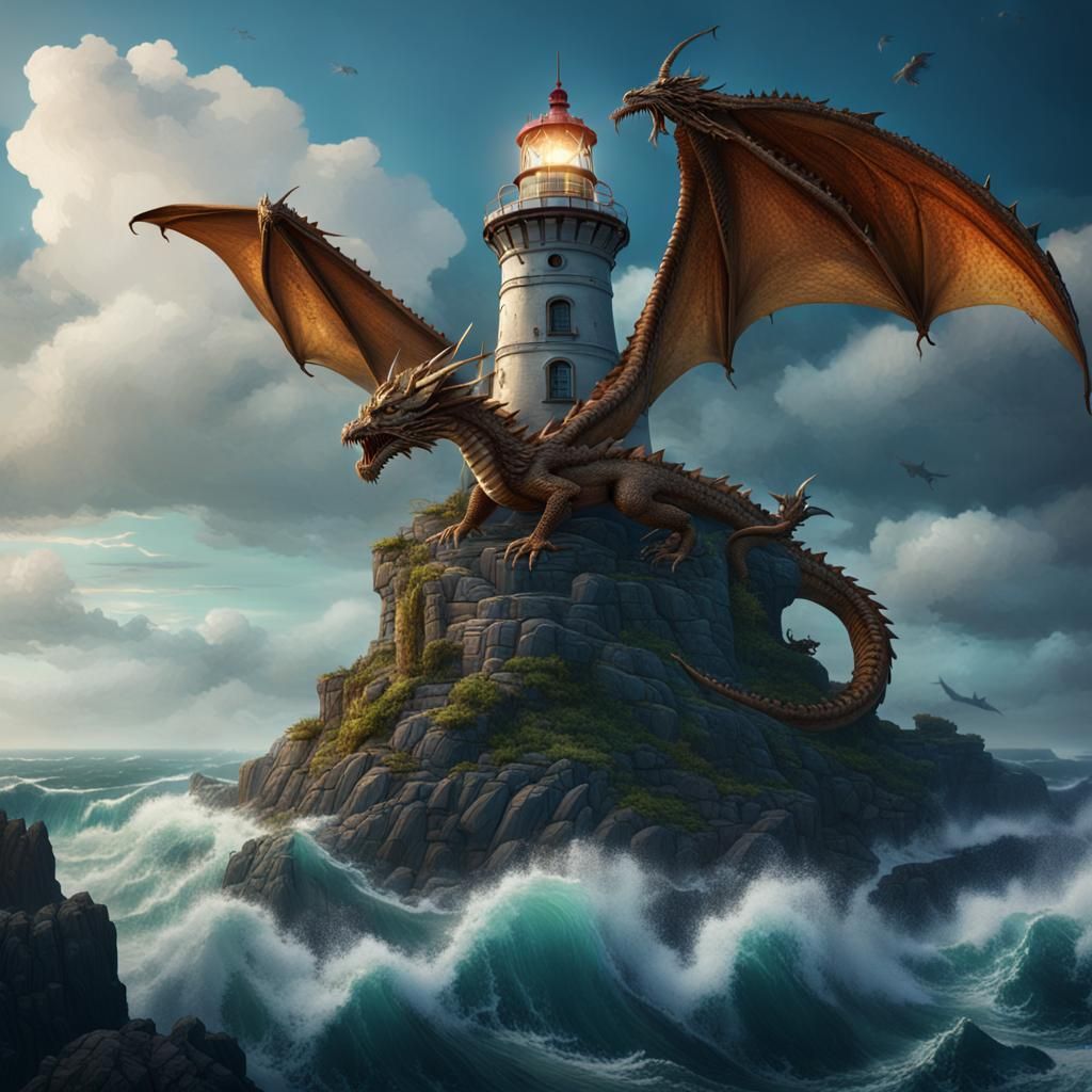 Dragon Perched Atop Lighthouse, Detailed Matte Painting