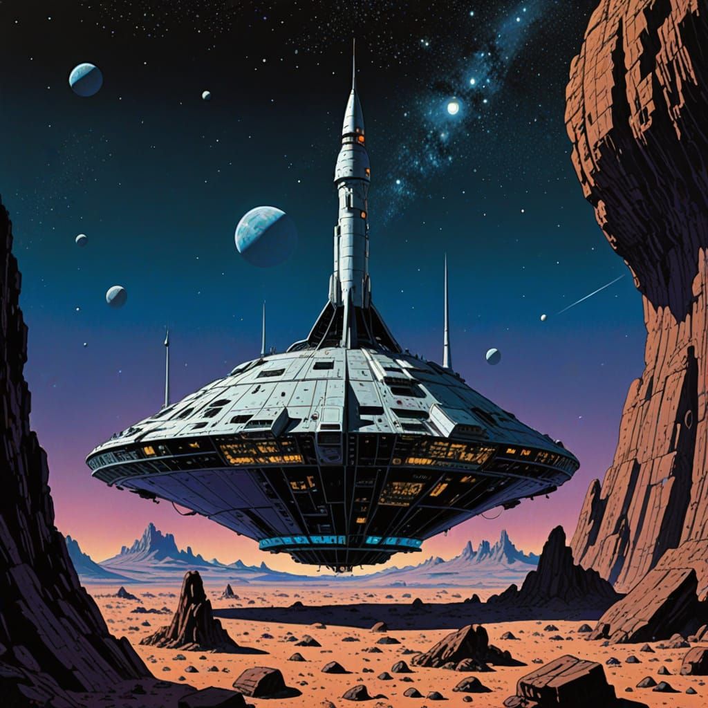 Metallic Spacecraft Lands on Rocky Gray Planet with Ringed P...