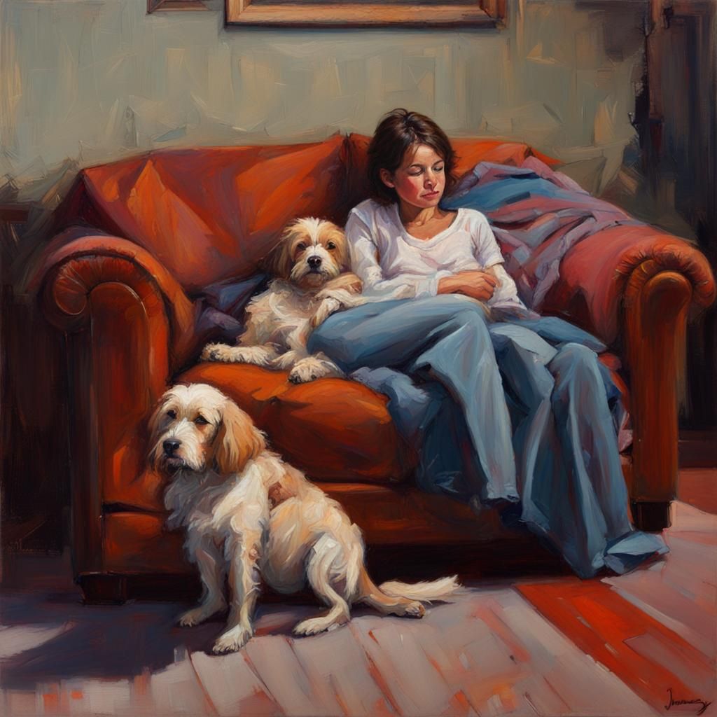 Dog Cuddling on Couch: Oil Painting by Gurney