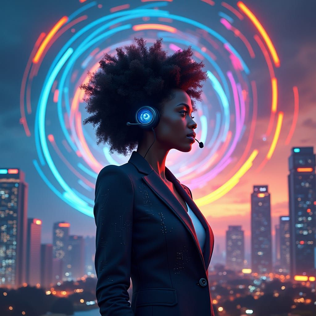 Futuristic Businesswoman Surrounded by Swirling Thoughts