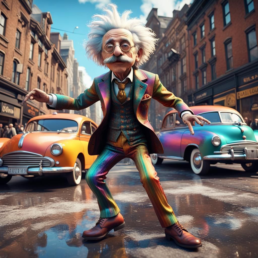 Albert Einstein wearing colorful surreal punk suit dancing