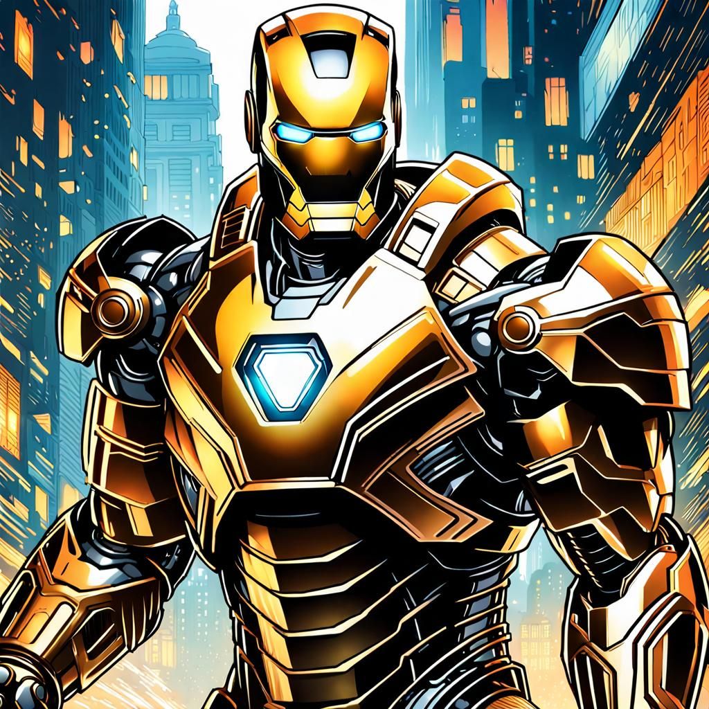 Hyperrealistic Gold and Black Iron Man in 3D Anime Style