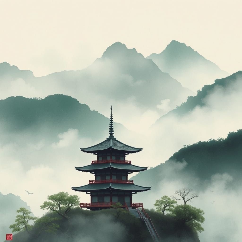 Misty Mountain Pagoda in Chinese Ink Wash Style