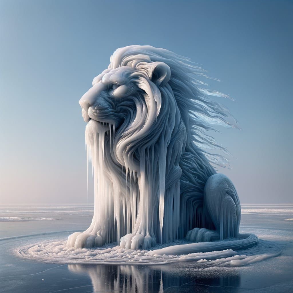 Melting Ice Lion Sculpture in Surreal Style