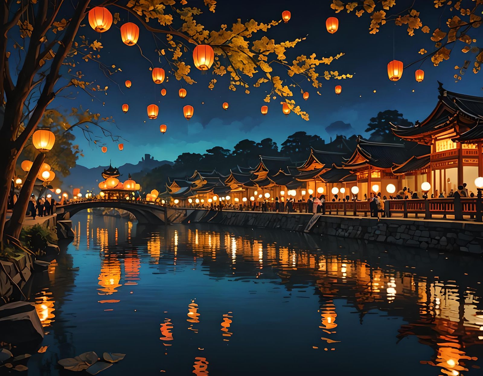Night Lantern Festival by River in Gouache Style