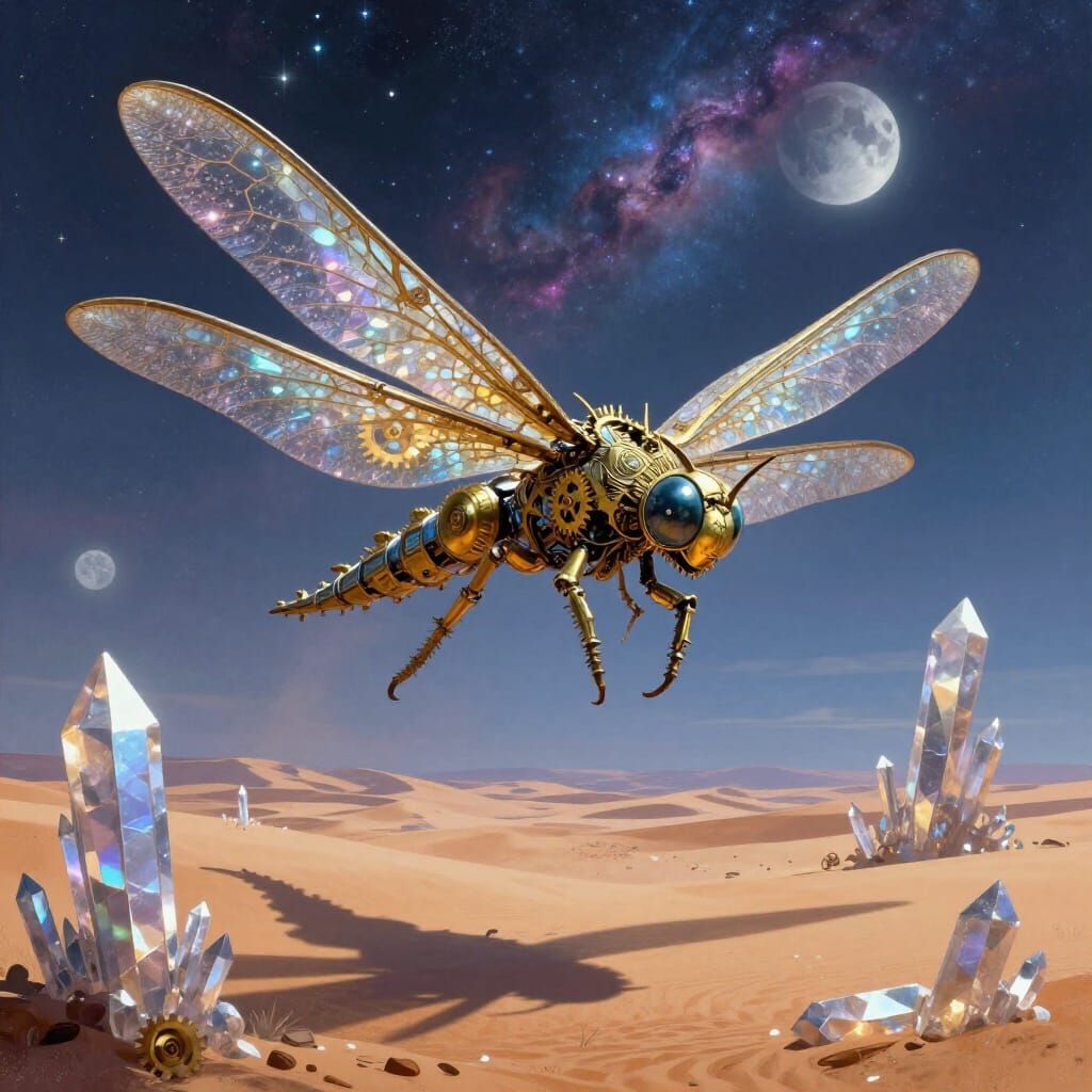 Steampunk Mechanical Dragonfly Over Alien Desert Landscape