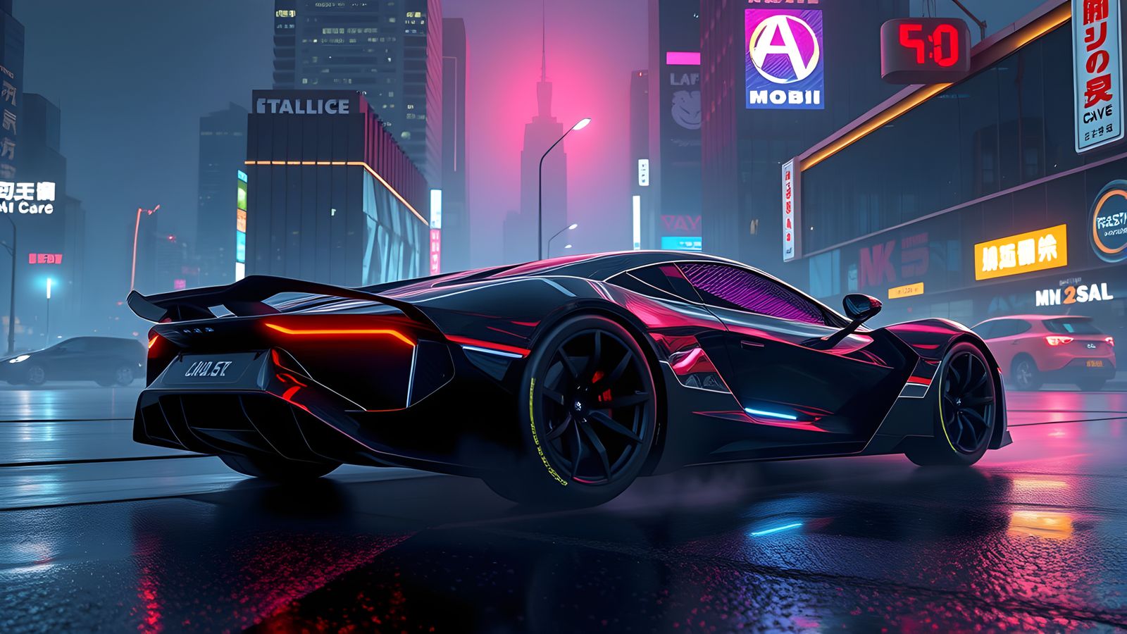 Futuristic Neon Supercar on Smoky Street in 3D