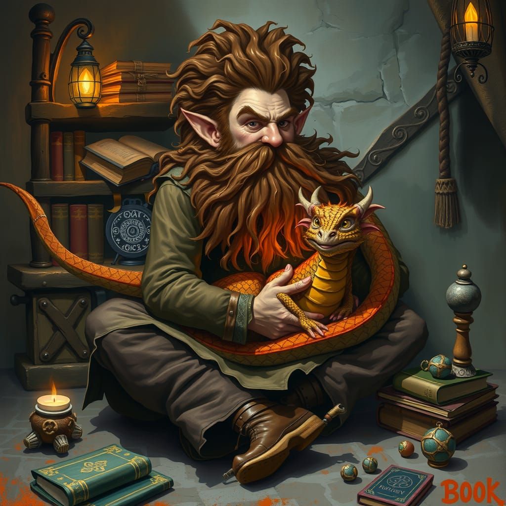 Dwarf Cradling Dragon in Fantasy Art Style