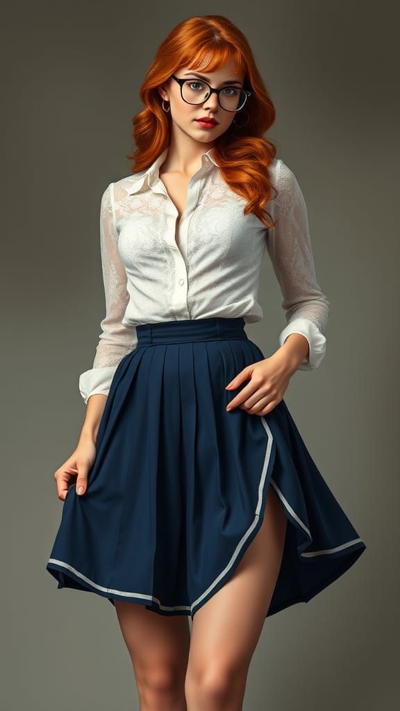 Sultry Redhead Sways in Navy-Blue Skirt, Lacy Petticoat, and...