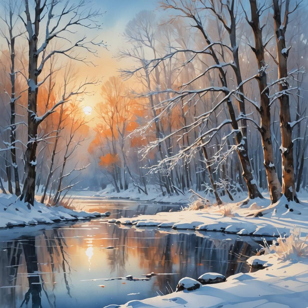 Winter Sunset: Digital Watercolor Illustration of Frozen Lak...