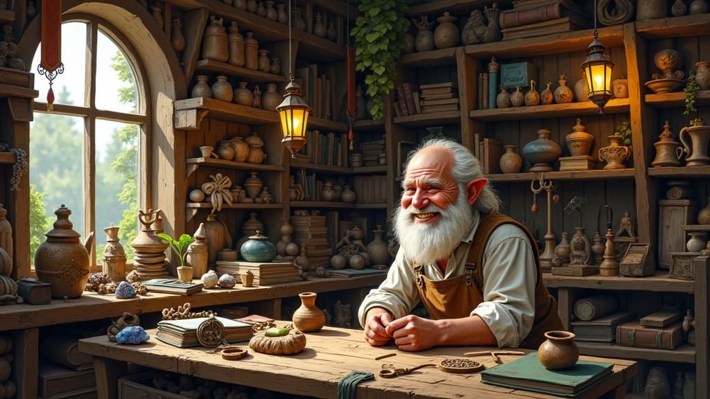 Halfling Shopkeeper in Whimsical Bazaar