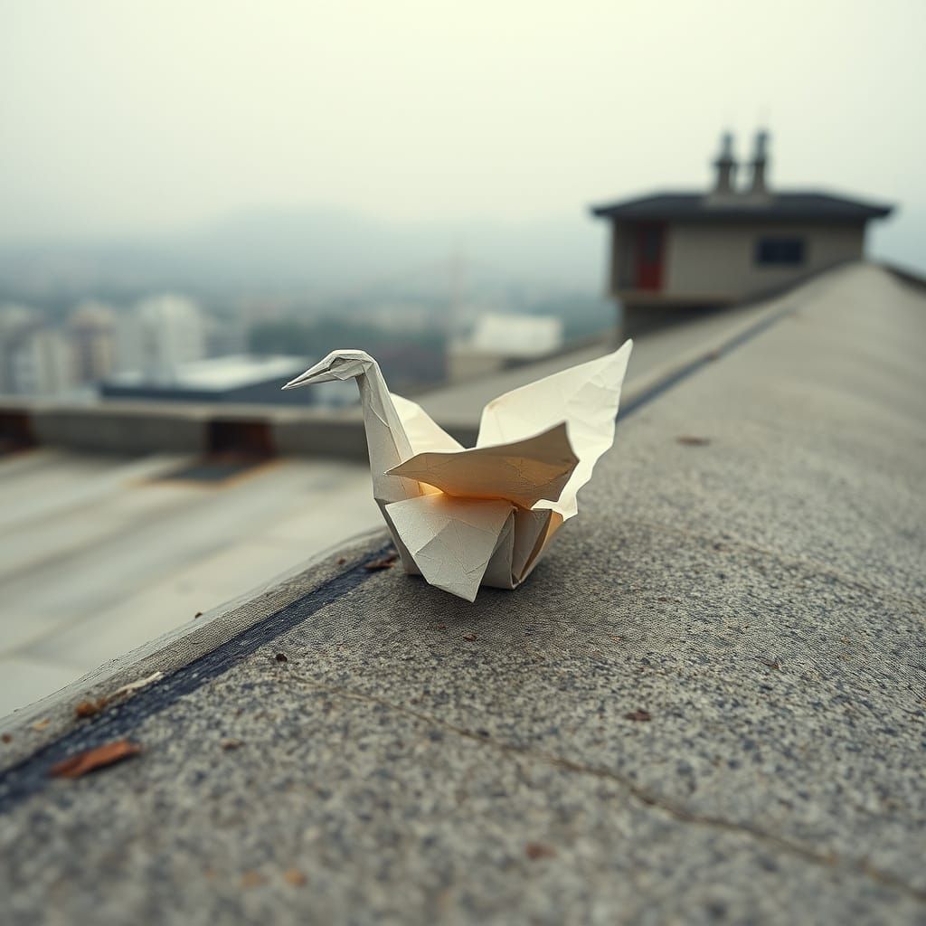 A Weathered Paper Crane on a Rooftop, in a Soft Focus, High-...
