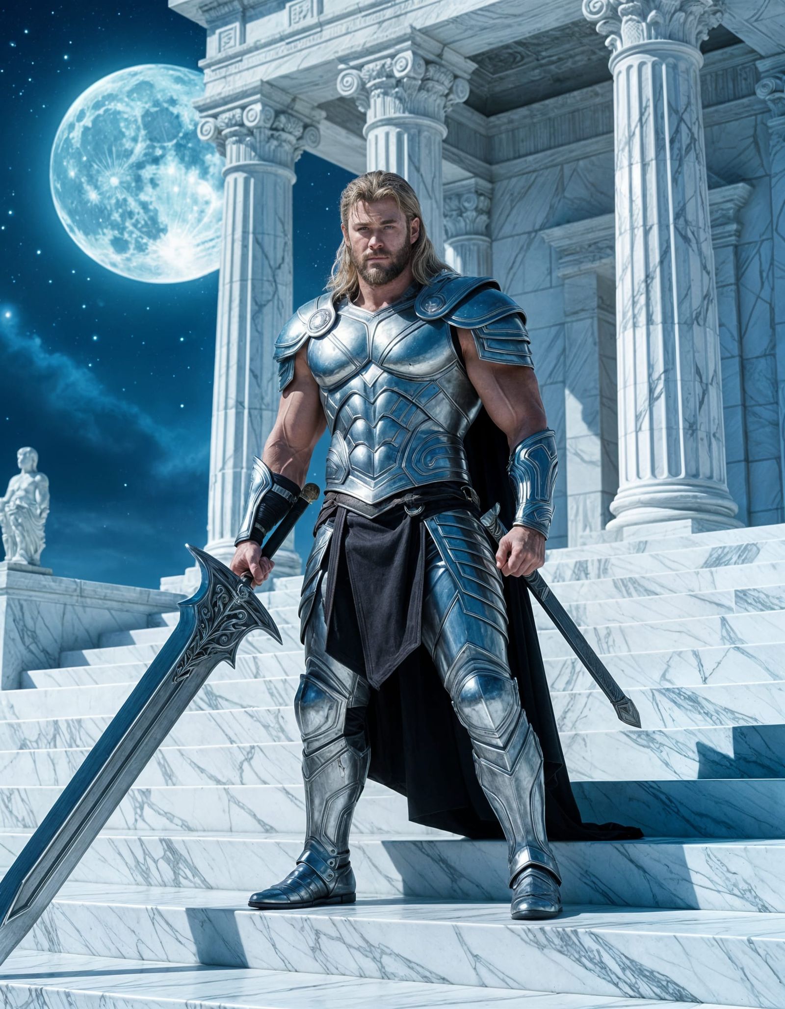 Muscular Warrior in Silver Armor on Temple Steps