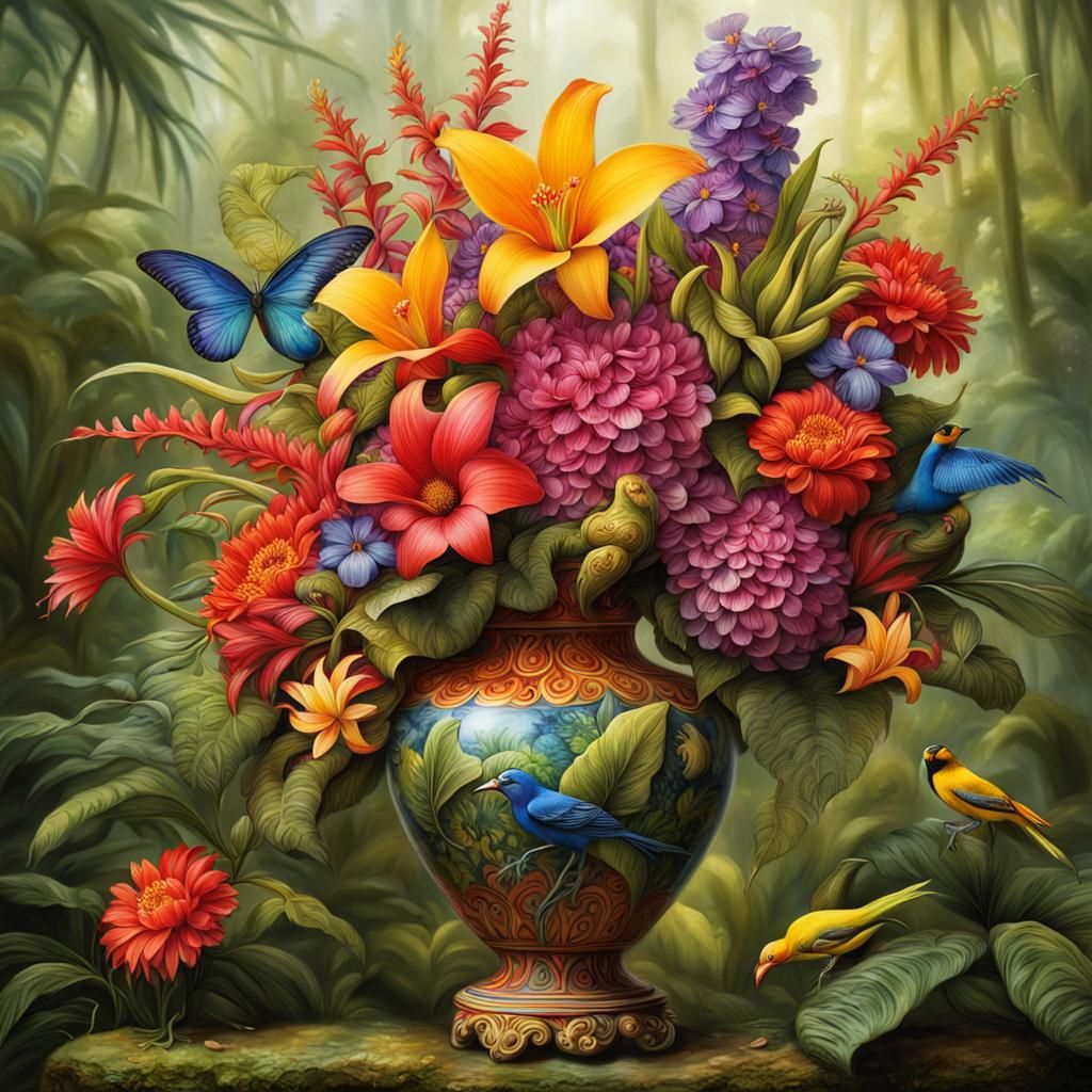 Flower Vase Full of Beautiful Flowers in Bloom. AI image pro...