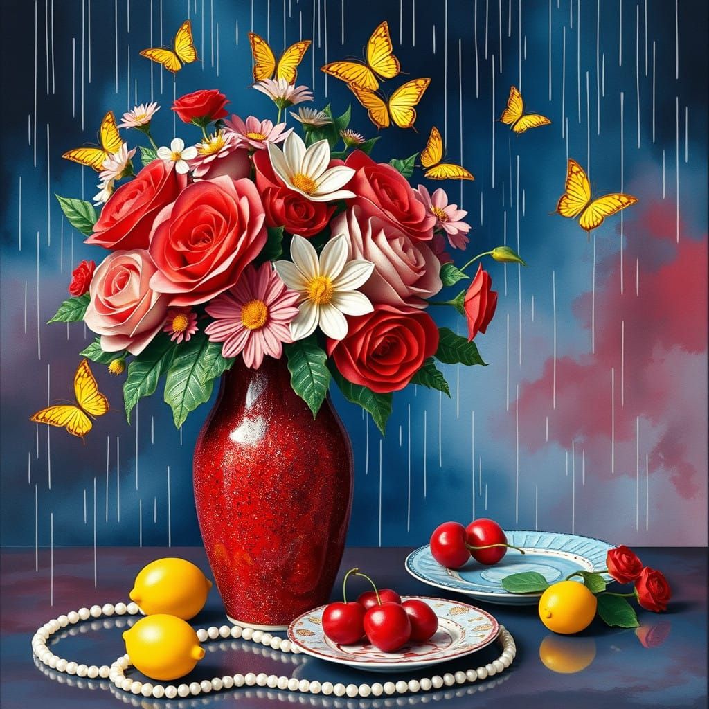 Quilled Roses and Daisies in a Glittery Gold Vase, Cosmic Ba...