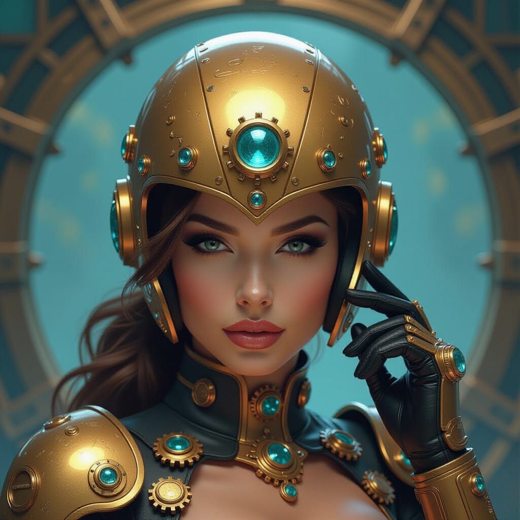 Woman in Steampunk Helmet with Sci-Fi Artifacts