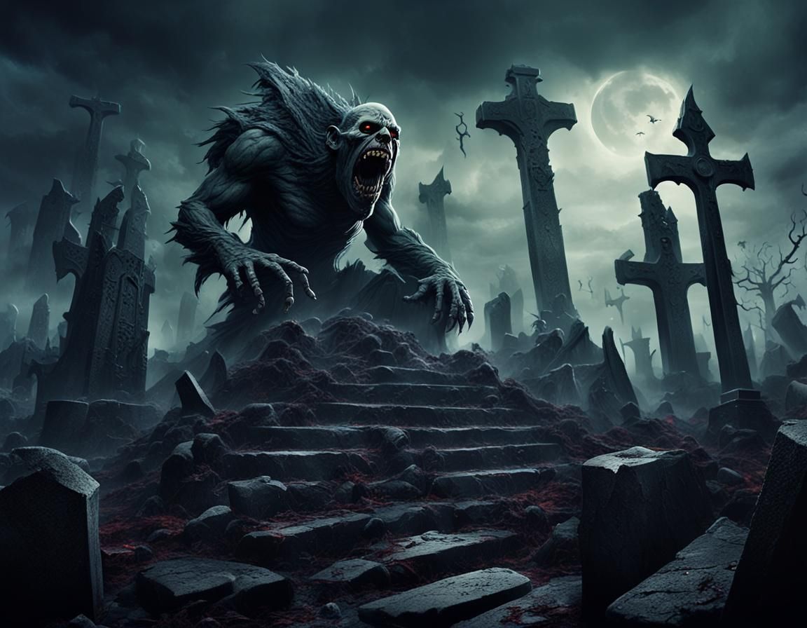 Heavy Metal Album Cover: Monster in Graveyard