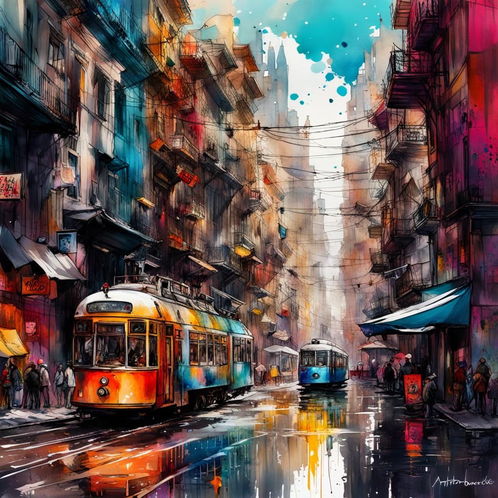 Detailed Watercolor Urban Sketch with Ink Splatters