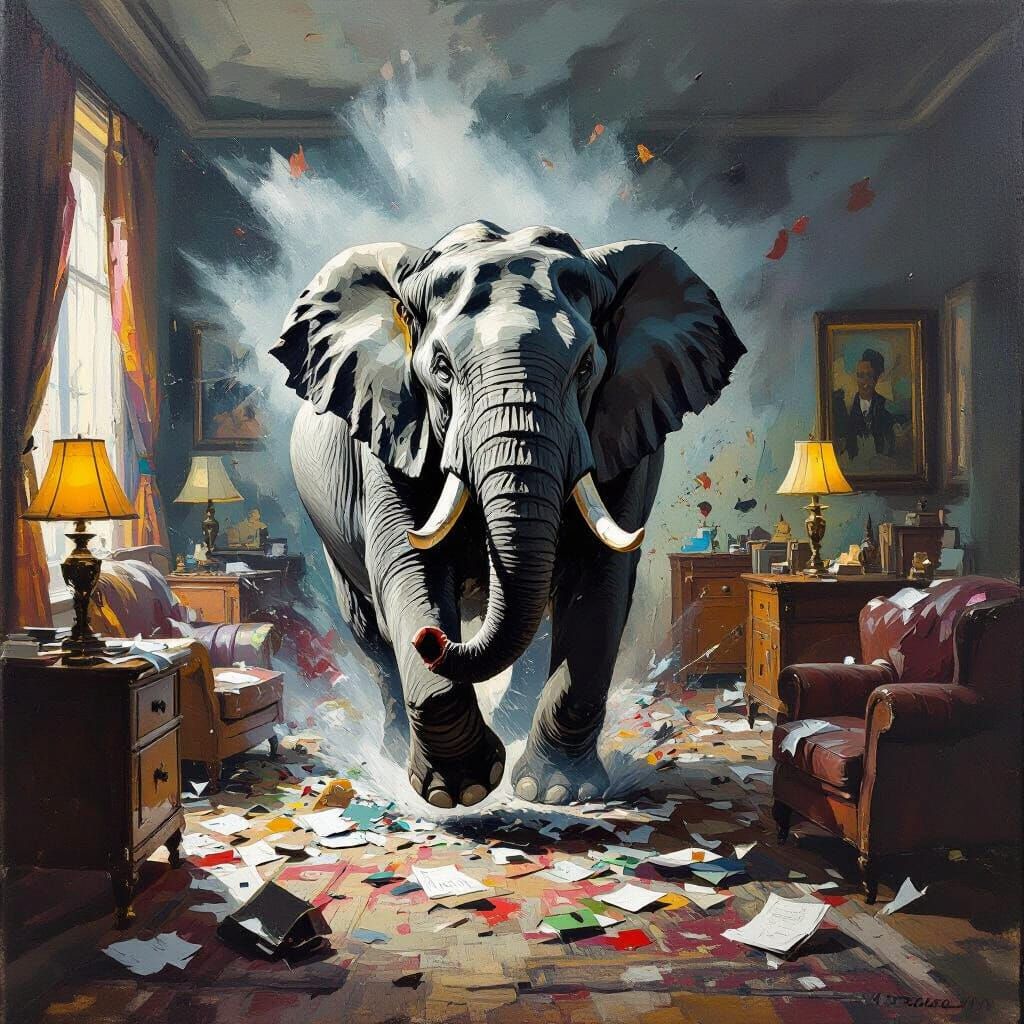 Furious Elephant Destroys Living Room in Dramatic Oil Painti...