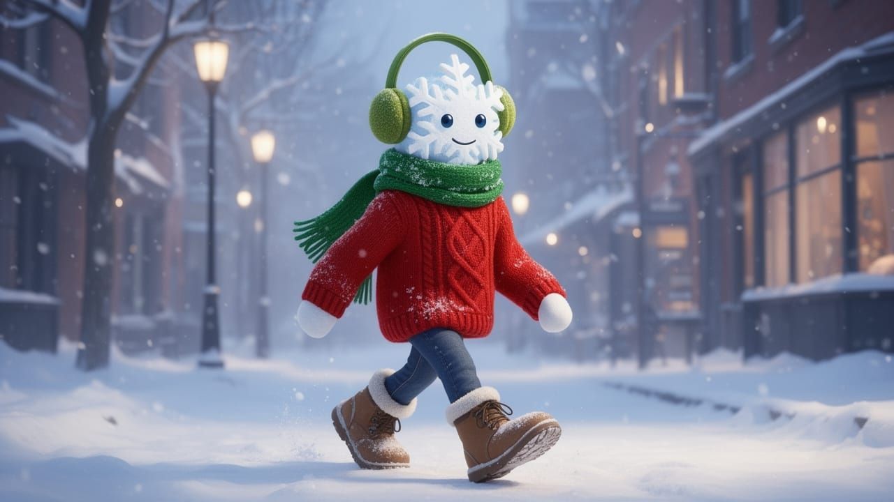 Anthropomorphic Snowflake Enjoys Winter Street Scene