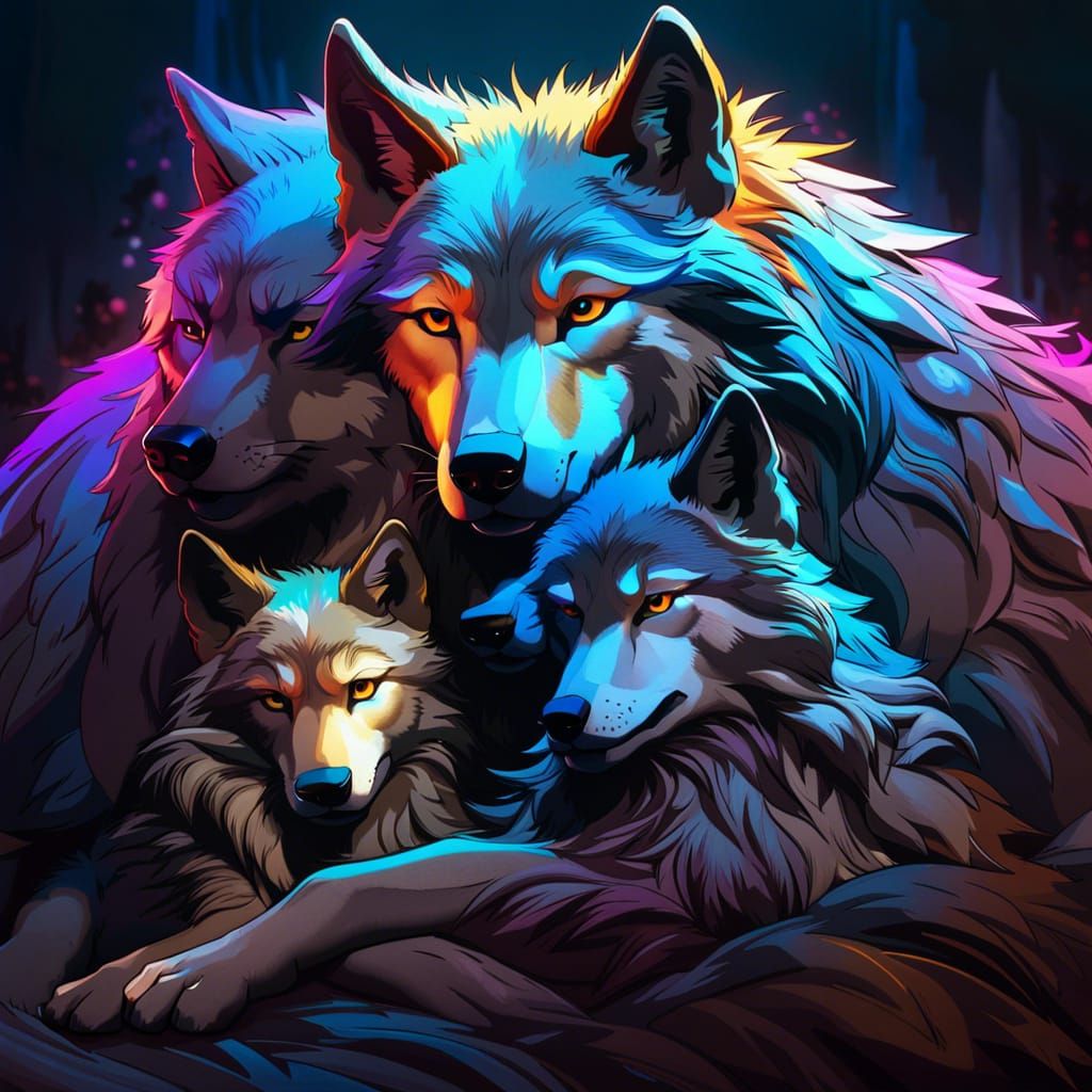 Wolf Family Cuddling: Hyperdetailed Digital Art Portrait