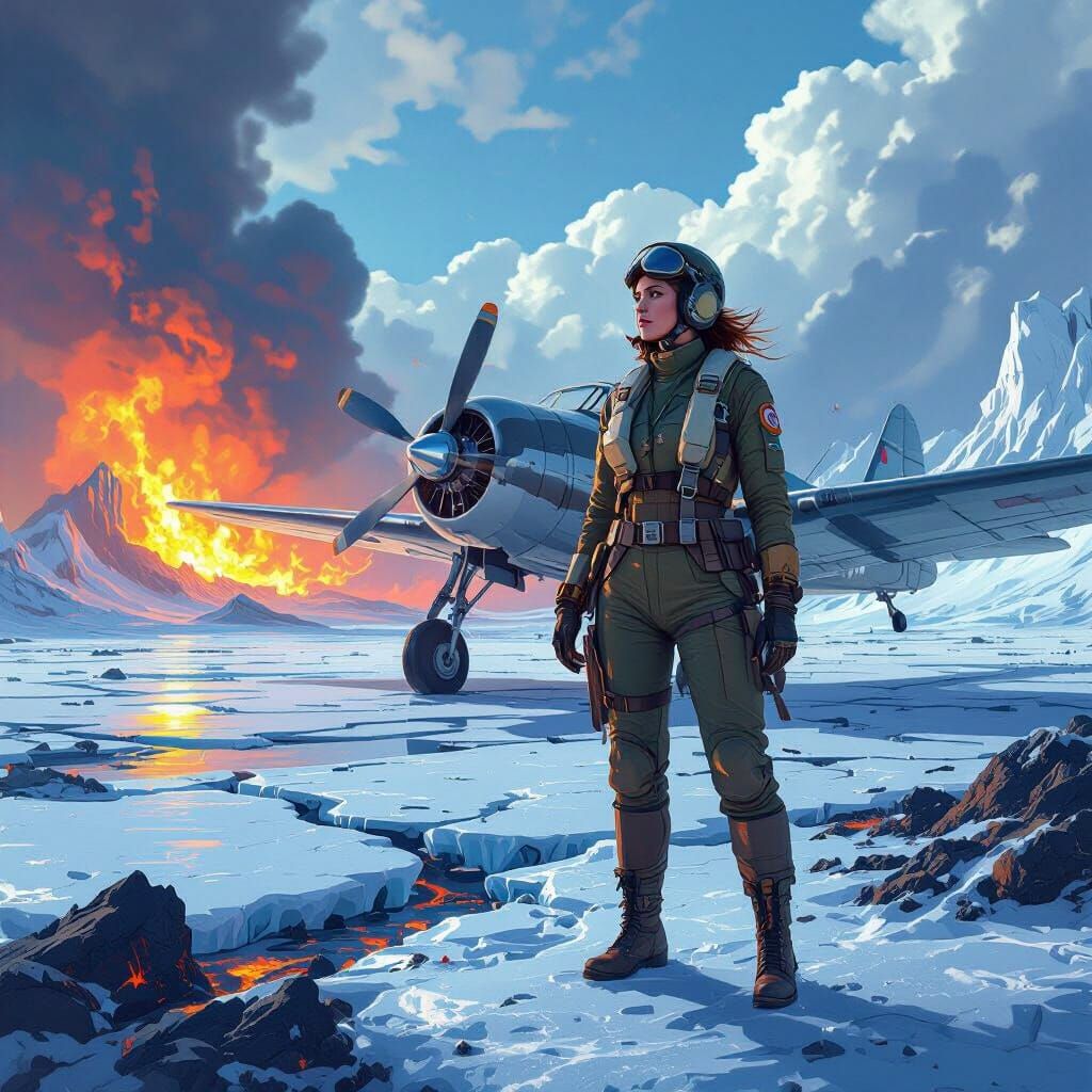 WWII Pilot on Surreal Landscape, Hyperrealistic Style