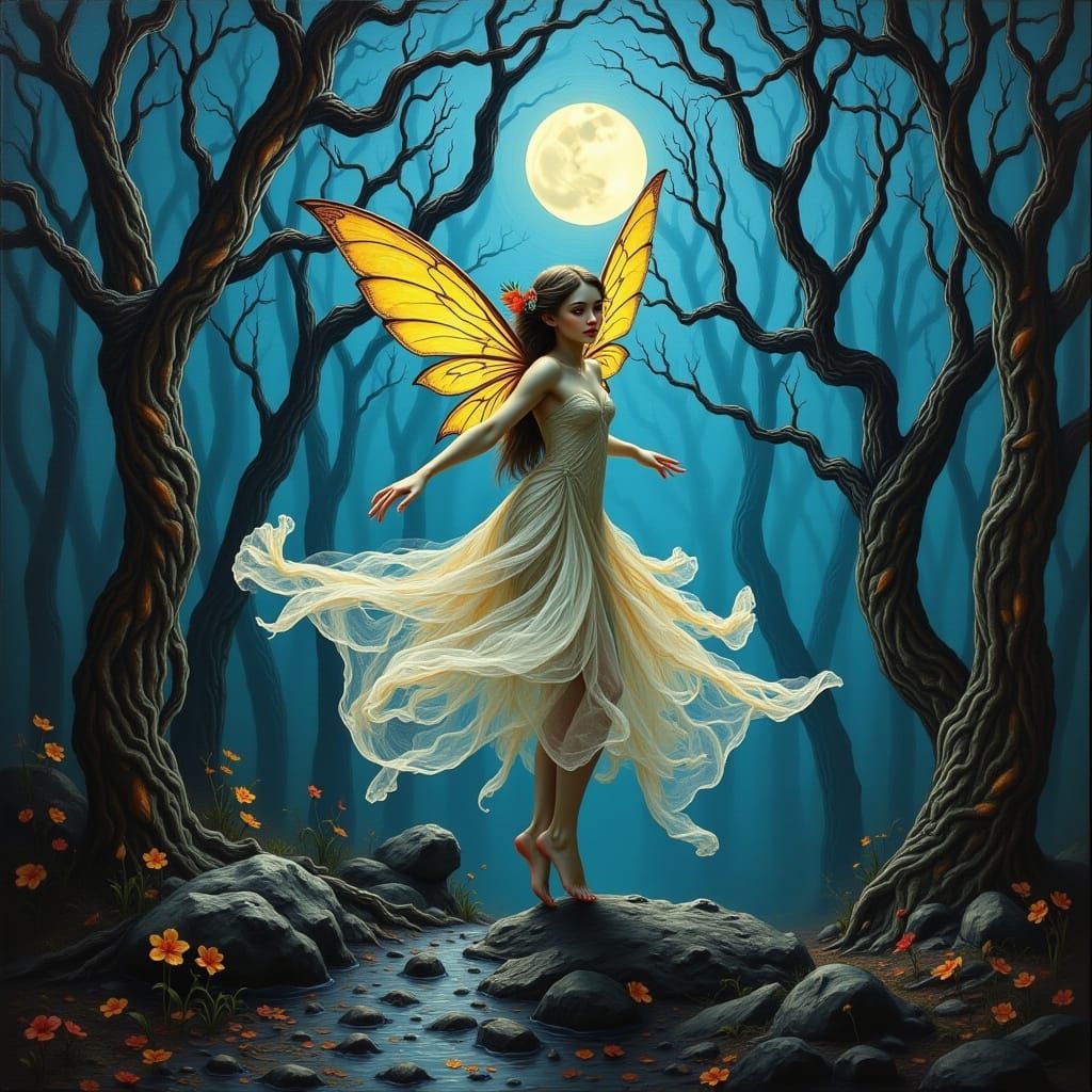 Enchanting Moonlit Dance of a Free-Spirited Fairy