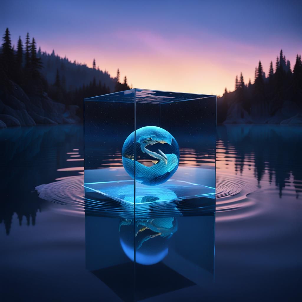 Translucent Cube on Lake at Dusk in Magic Realism