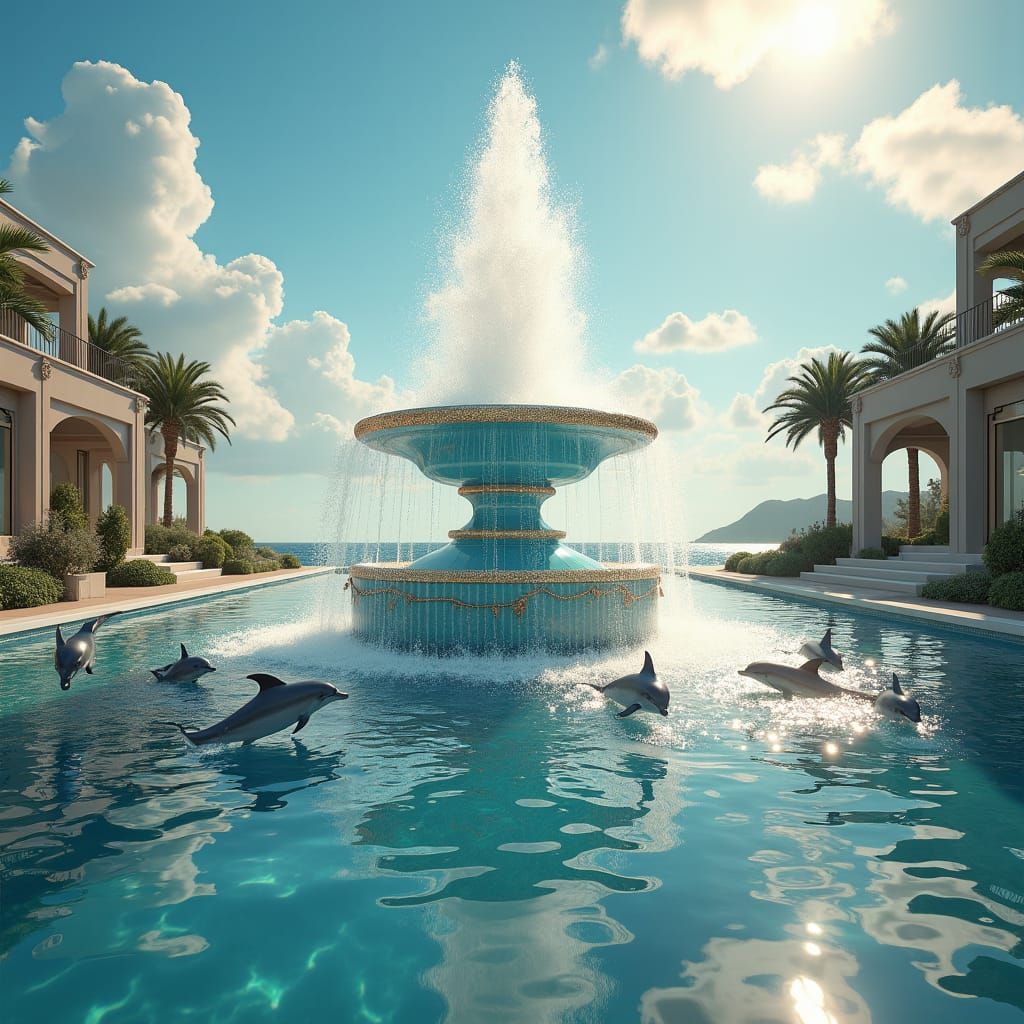 Majestic Water Fountain with Dancing Dolphins, Digital Art