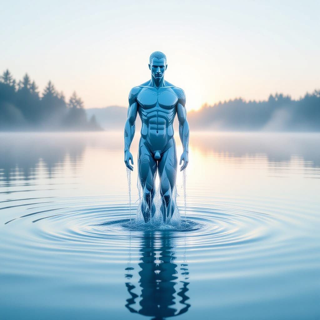 Ethereal Water Man in Dawn Lake, Impressionistic Style