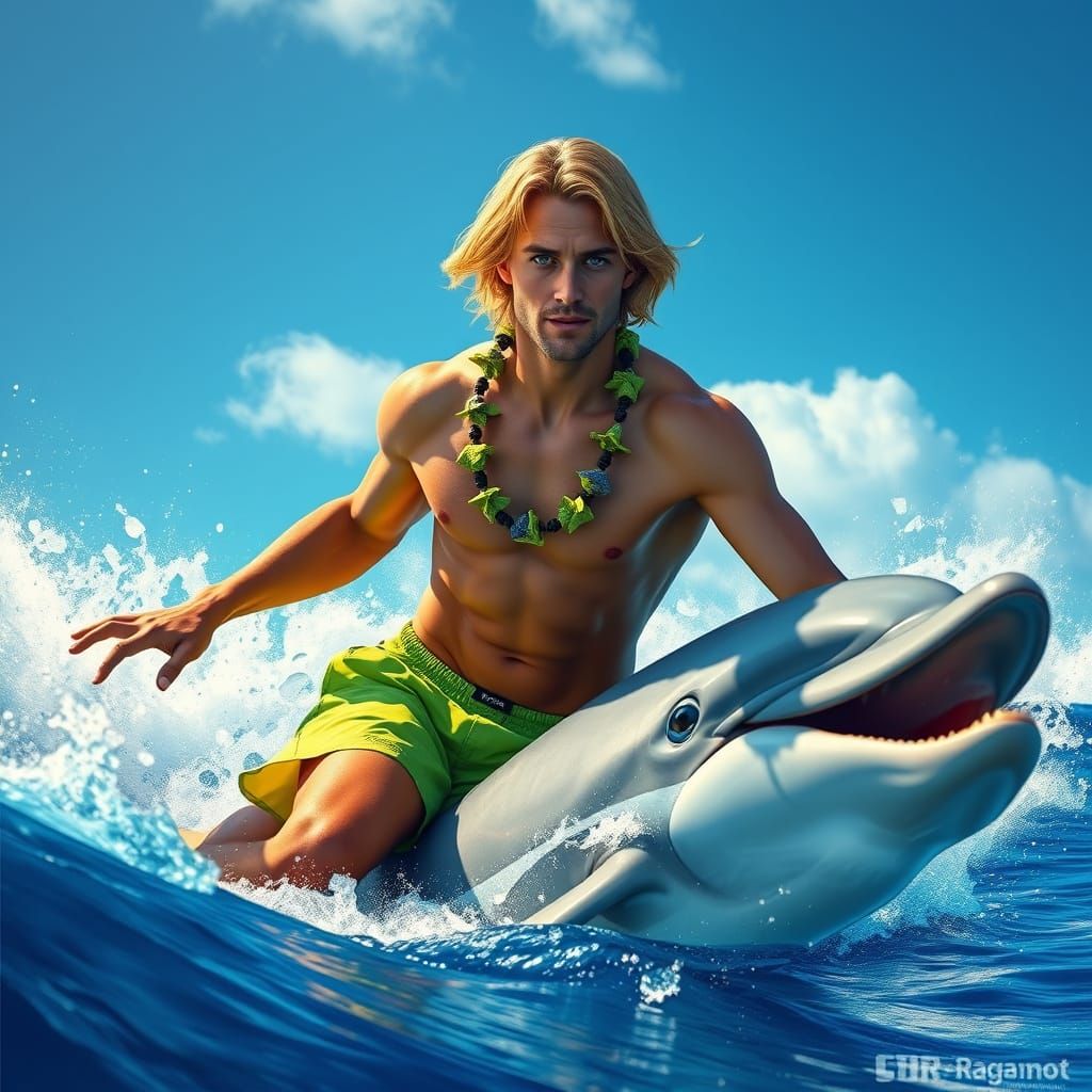 Surfer on Dolphin Ride in Futuristic Style