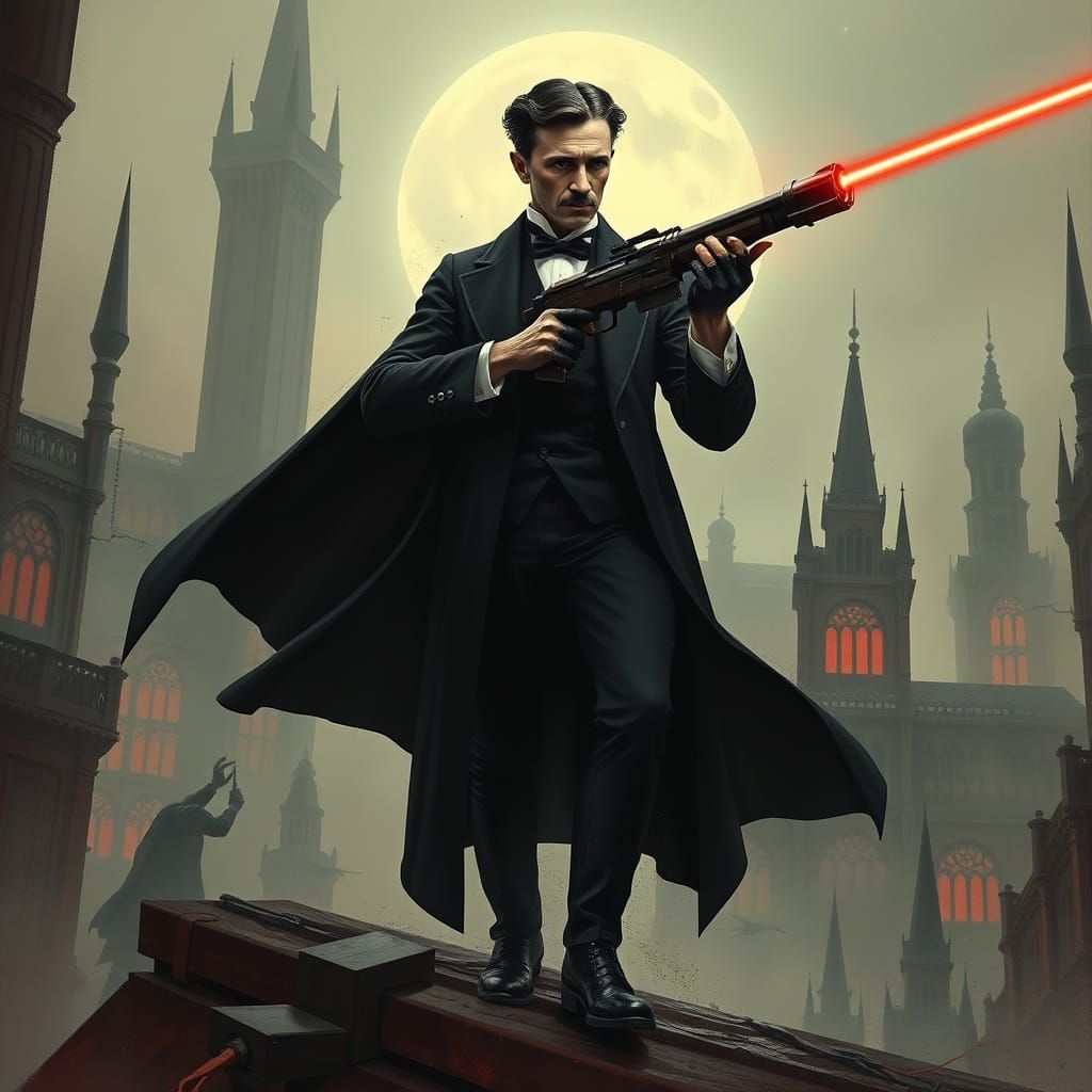 Tesla as Vampire Hunter in Cyberpunk Cityscape