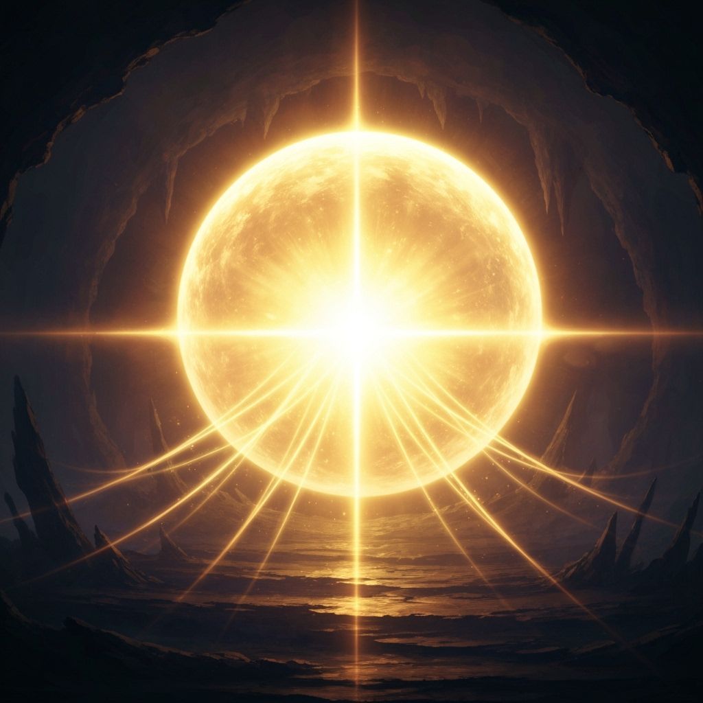 Golden Light Orb Dispels Shadowy Cavern Landscape