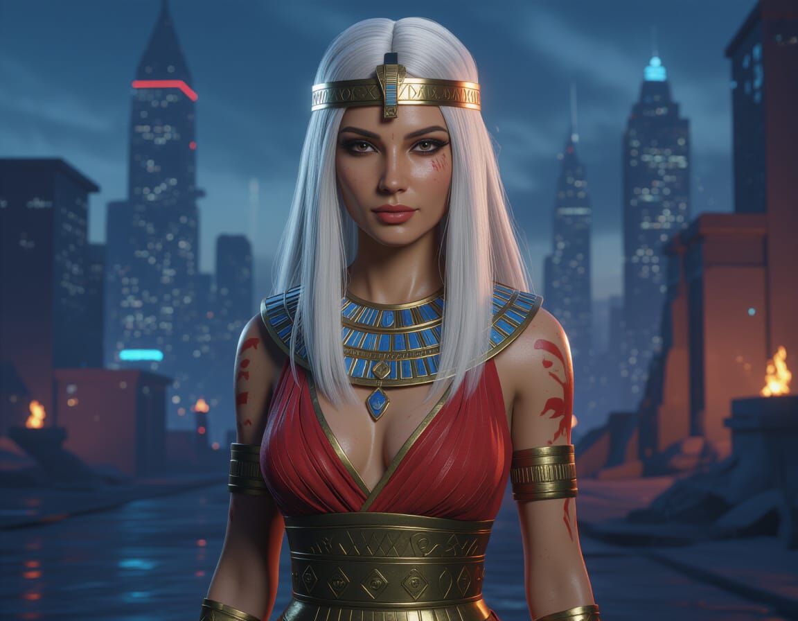 Egyptian Woman in Dystopian Cityscape