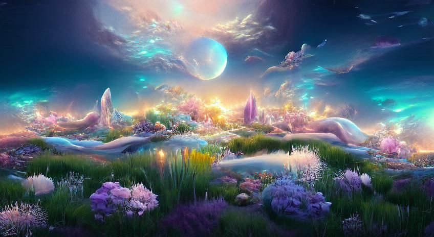 Iridescent Pastel Alien Landscape with Aurora Borealis