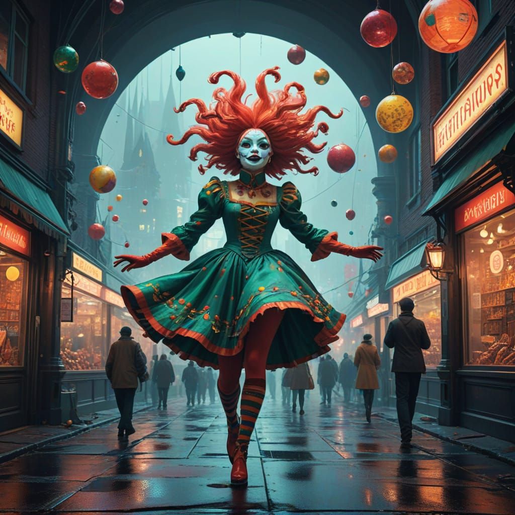 Vibrant Jester in Whimsical Crowd