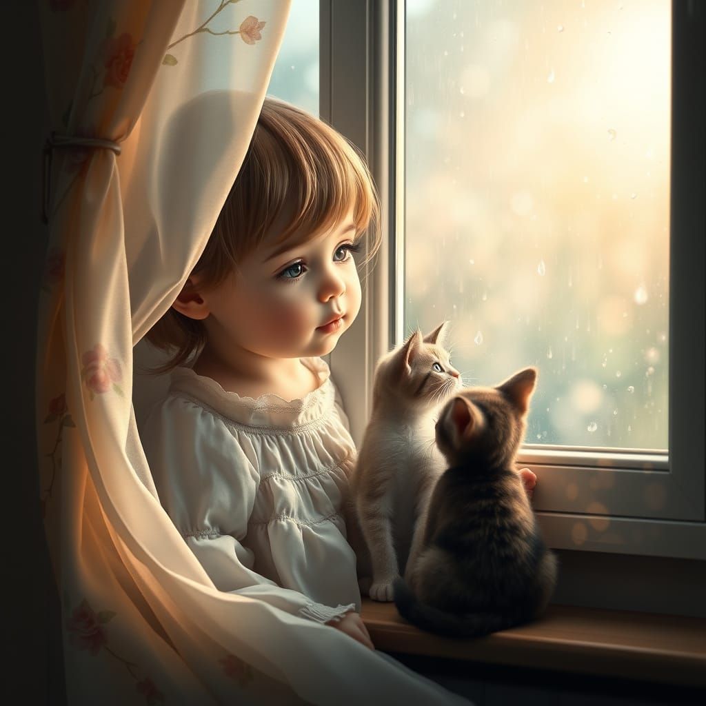 Whimsical Baby Girl and Kitten Share a Rainy Day Moment