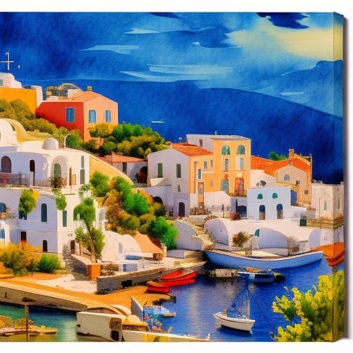 Greek Seaside Town in Gouache Impressionist Style