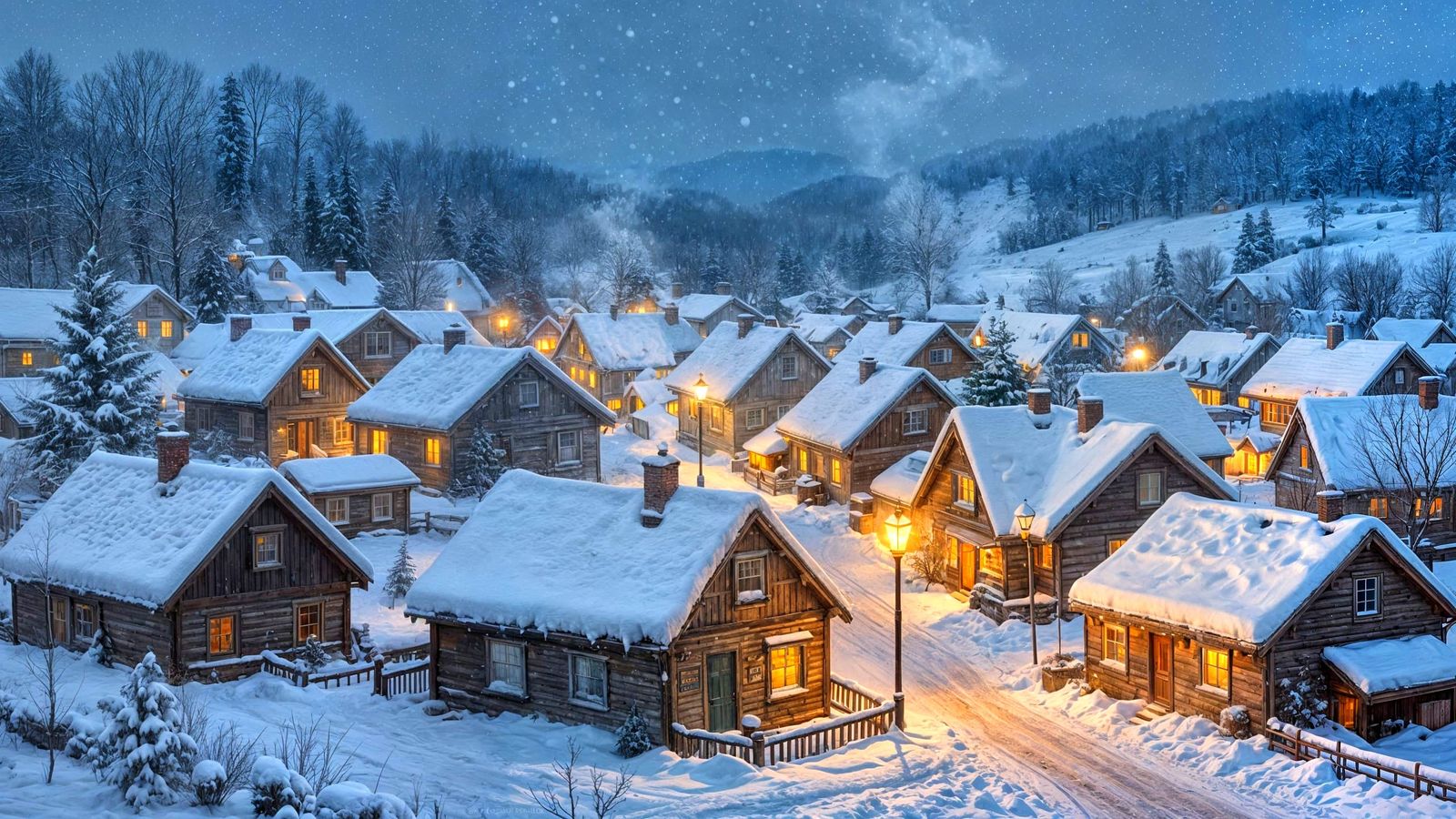 Cozy Village Snowfall in Storybook Illustration Style