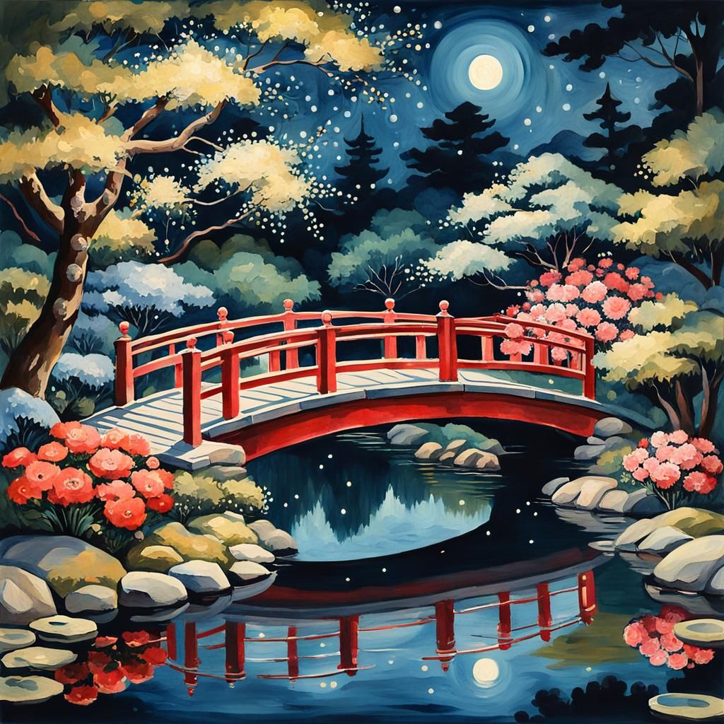 Japanese Garden with Red Bridge in Gouache Style