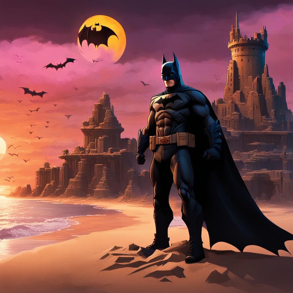 Batman and Bat-Signal Sandcastle at Sunset