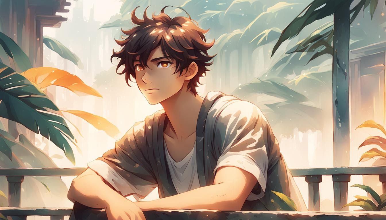 Smiling Boy in Tropical Anime Style