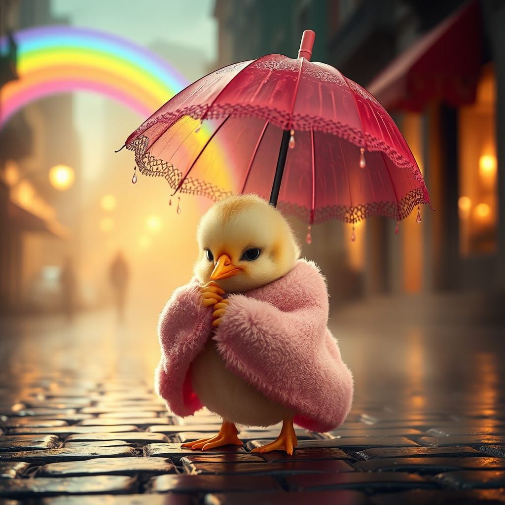 Whimsical Baby Chick Under Rainbow Umbrella