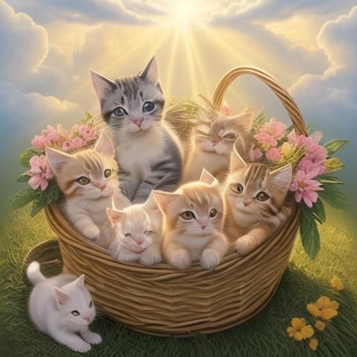 Kittens in Wicker Basket Bathed in Light