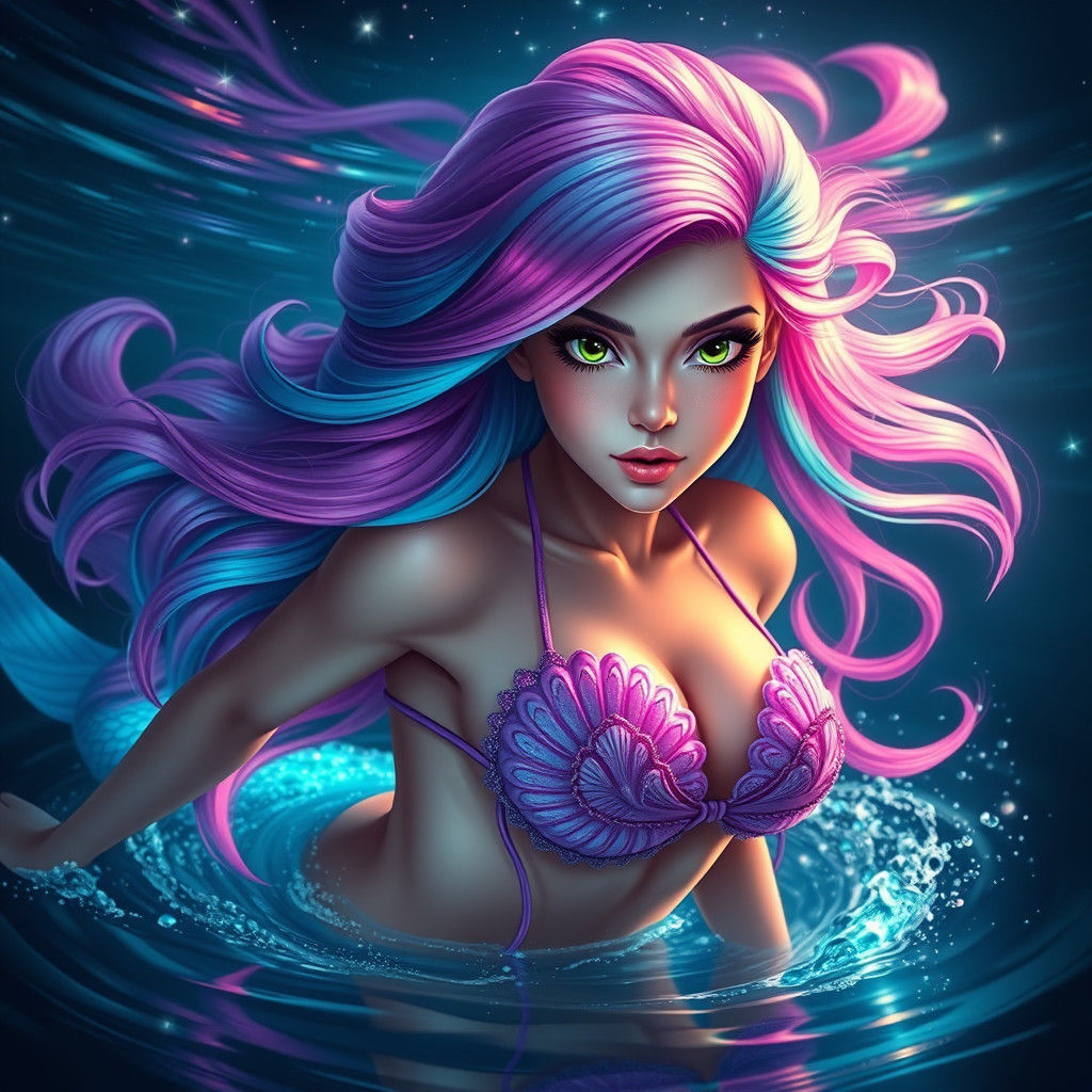 Vibrant Mermaid in Bioluminescent Ocean, Digital Art
