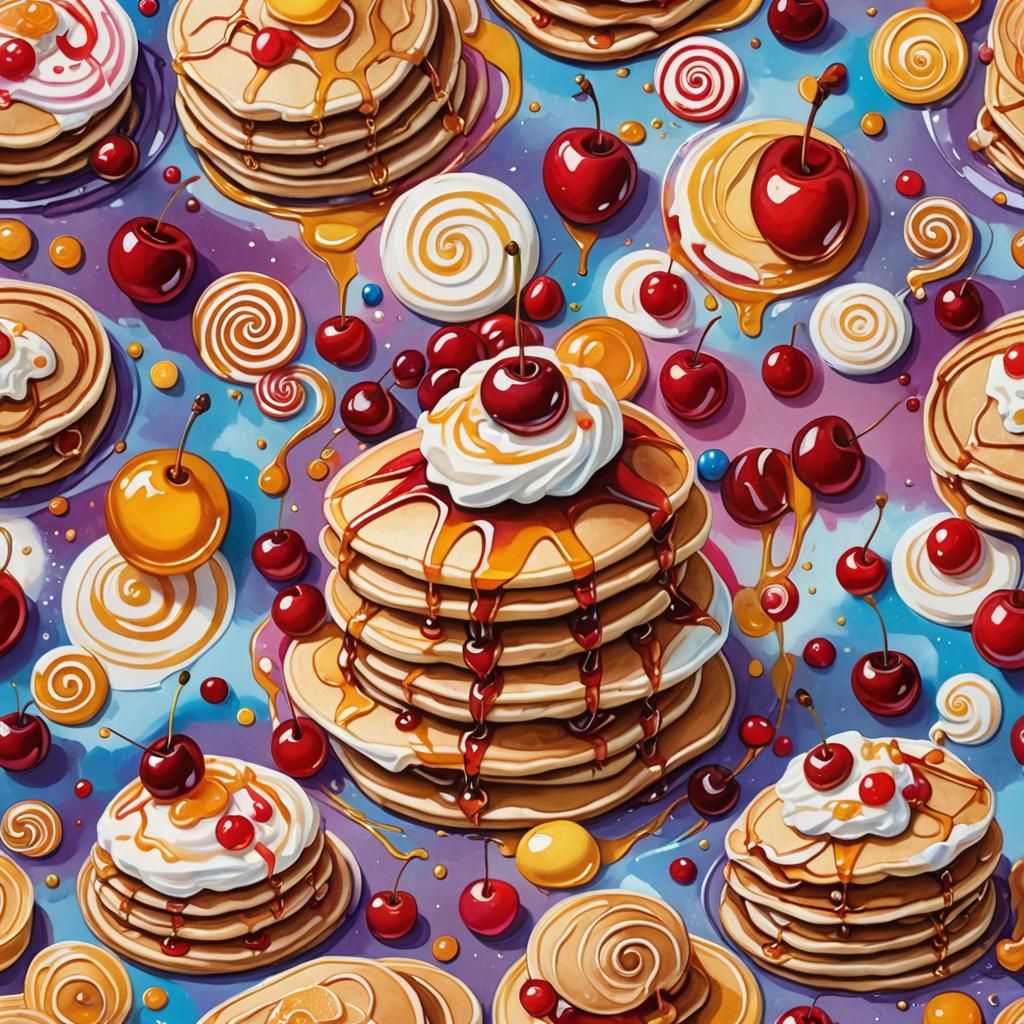 Pancakes with Honey and Whipped Cream in Gouache