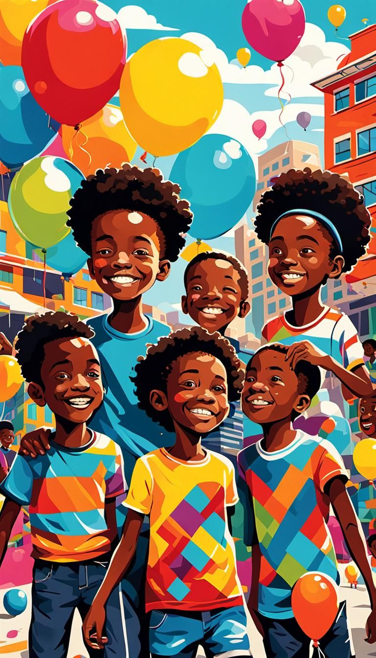 Happy Black Children Play in Vibrant City, Pop Art Illustrat...