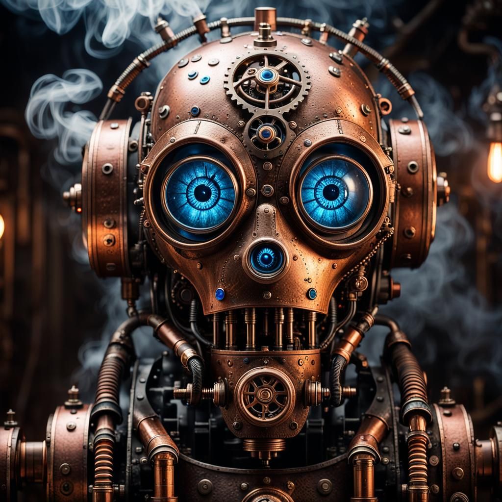 Steampunk Robot in Industrial Room, Cinematic Lighting