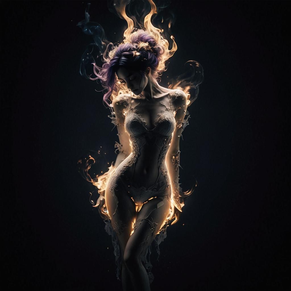 Glitchcore Portrait in Purple and Blue Flames