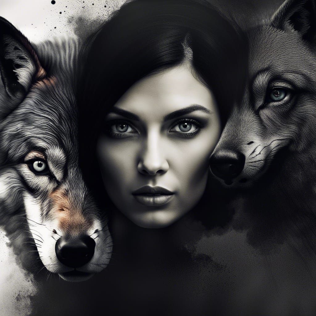 Wolf and Woman Face Fusion: Hyperrealistic Concept Art